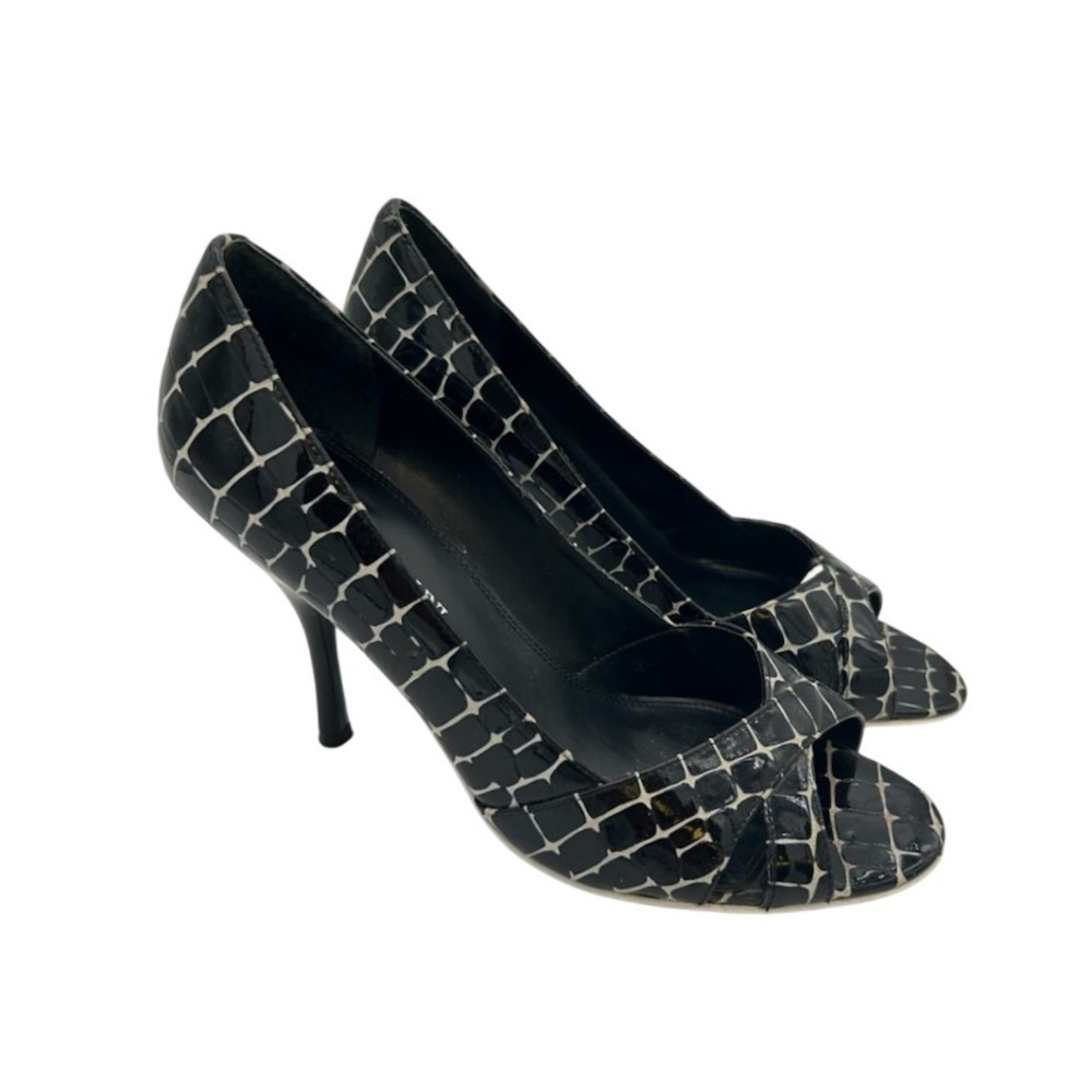 Enzo Angiolini Peep Toe Heels Black White Croc Print Pumps Size 7.5M